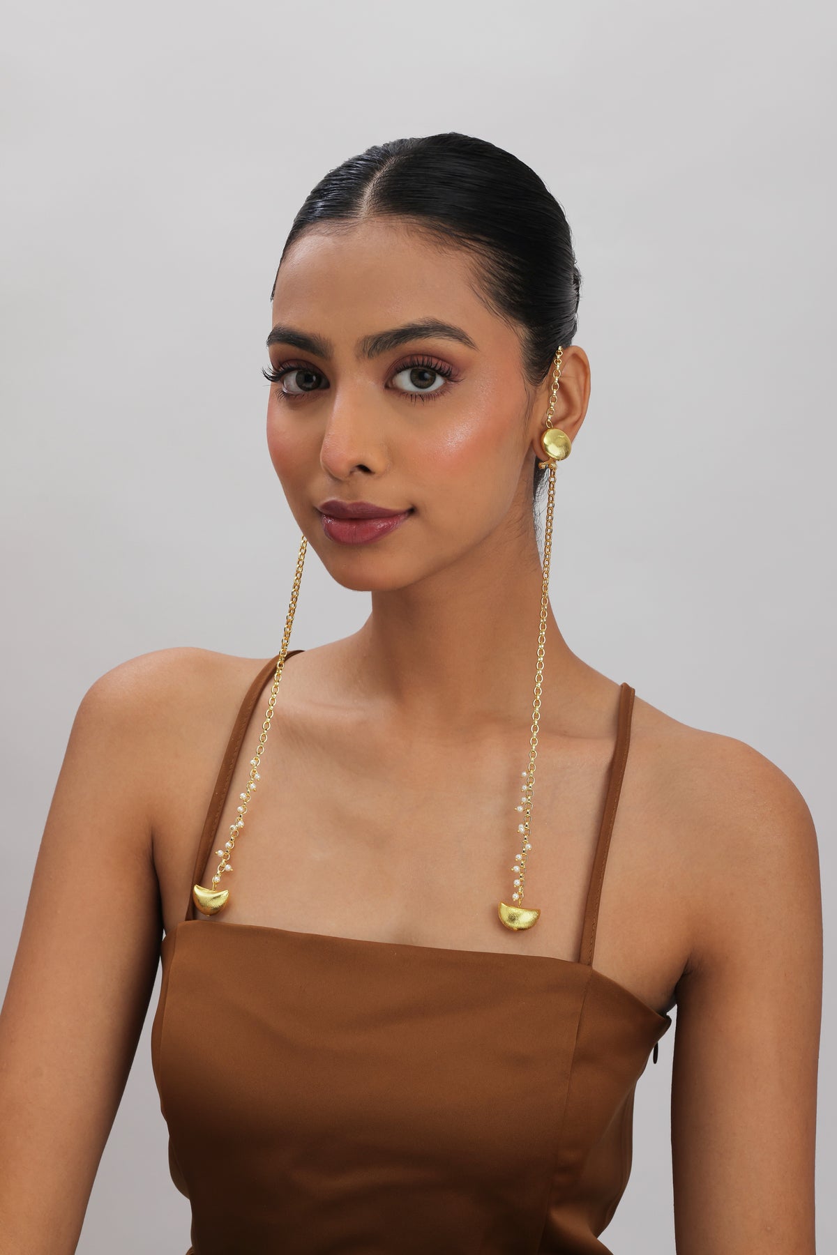 Rasa Kashmiri Long Thread Moon Pearl Earrings