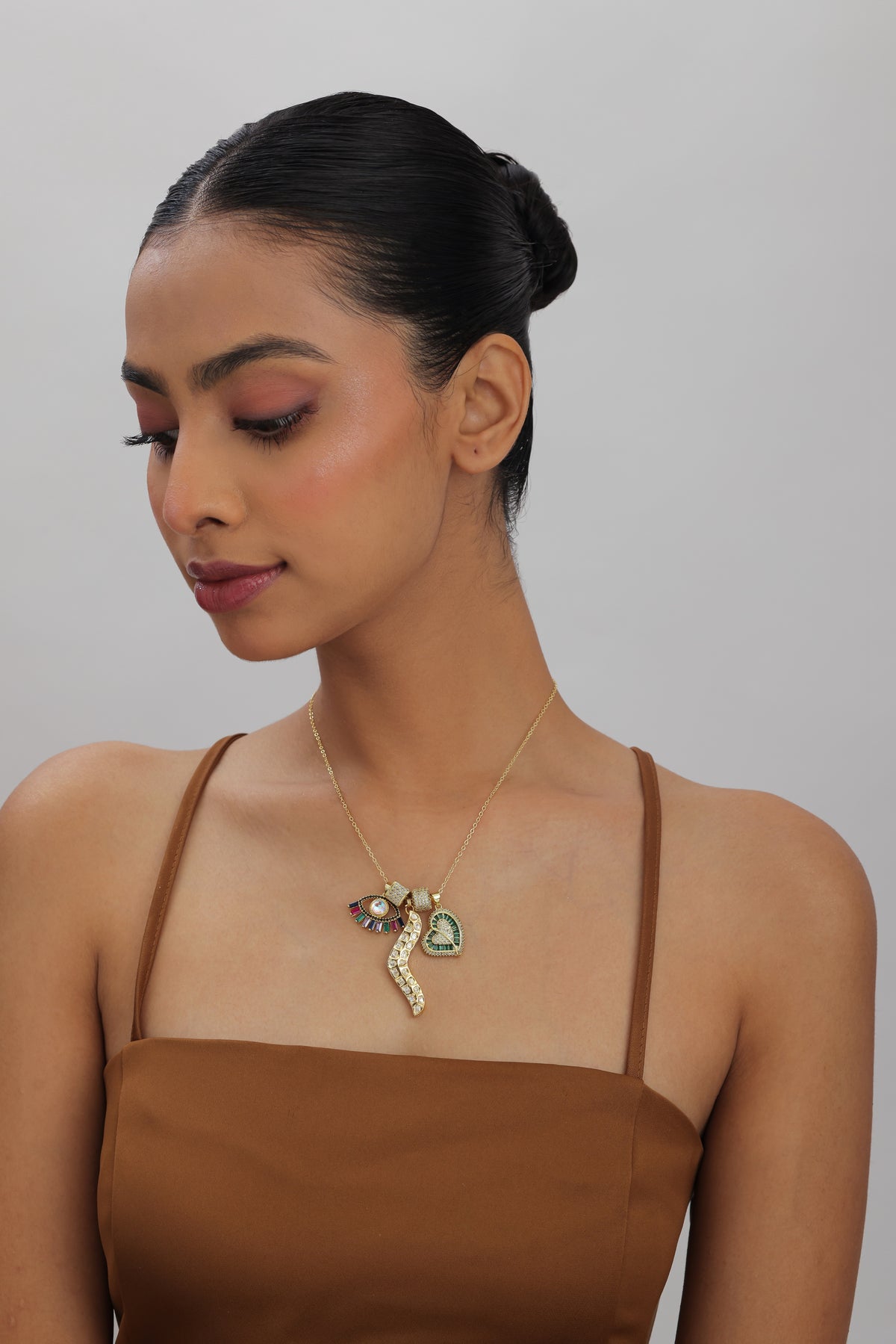 Lay Evil Eye Heart Multi Charm Polki Kundan Pendant Necklace