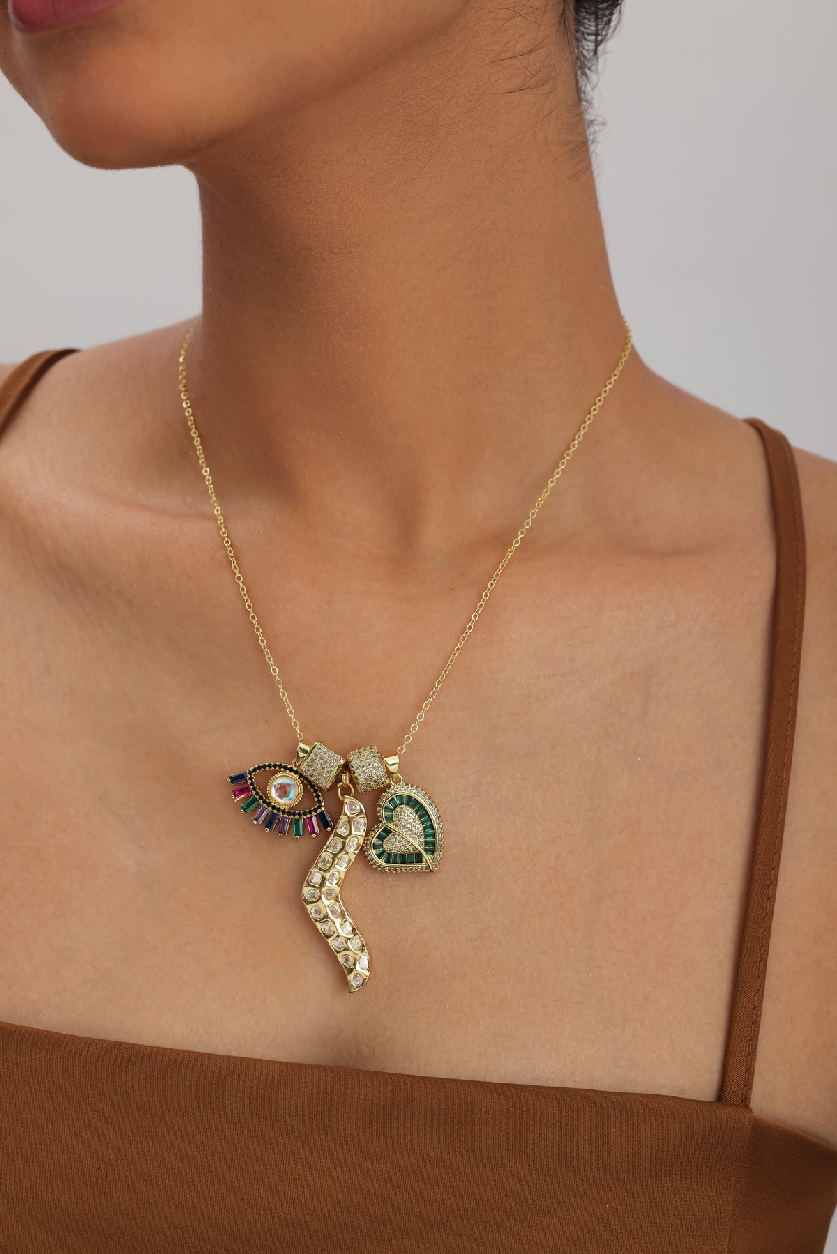 Lay Evil Eye Heart Multi Charm Polki Kundan Pendant Necklace