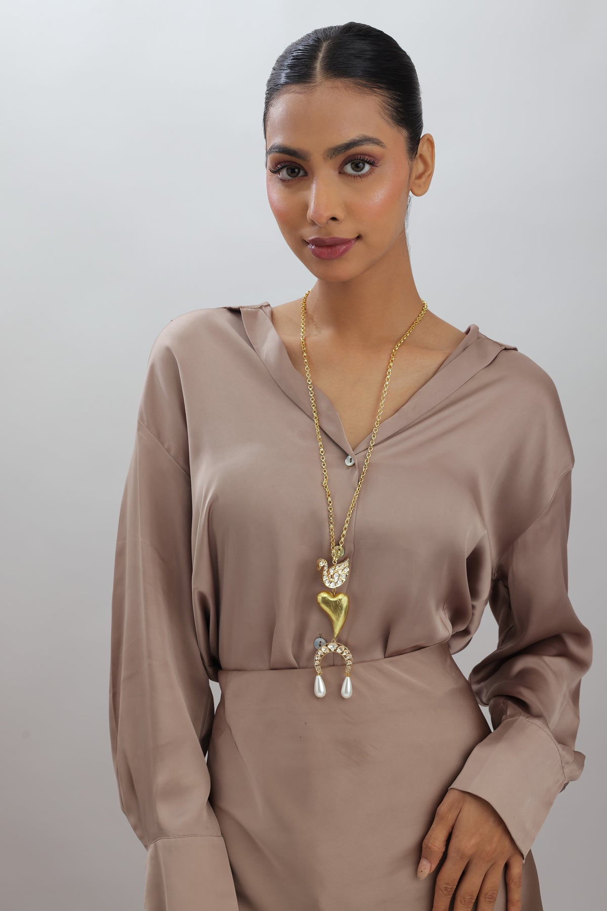 Mayur Polki Kundan Swan Heart Long Pendant Necklace with Glass Pearls