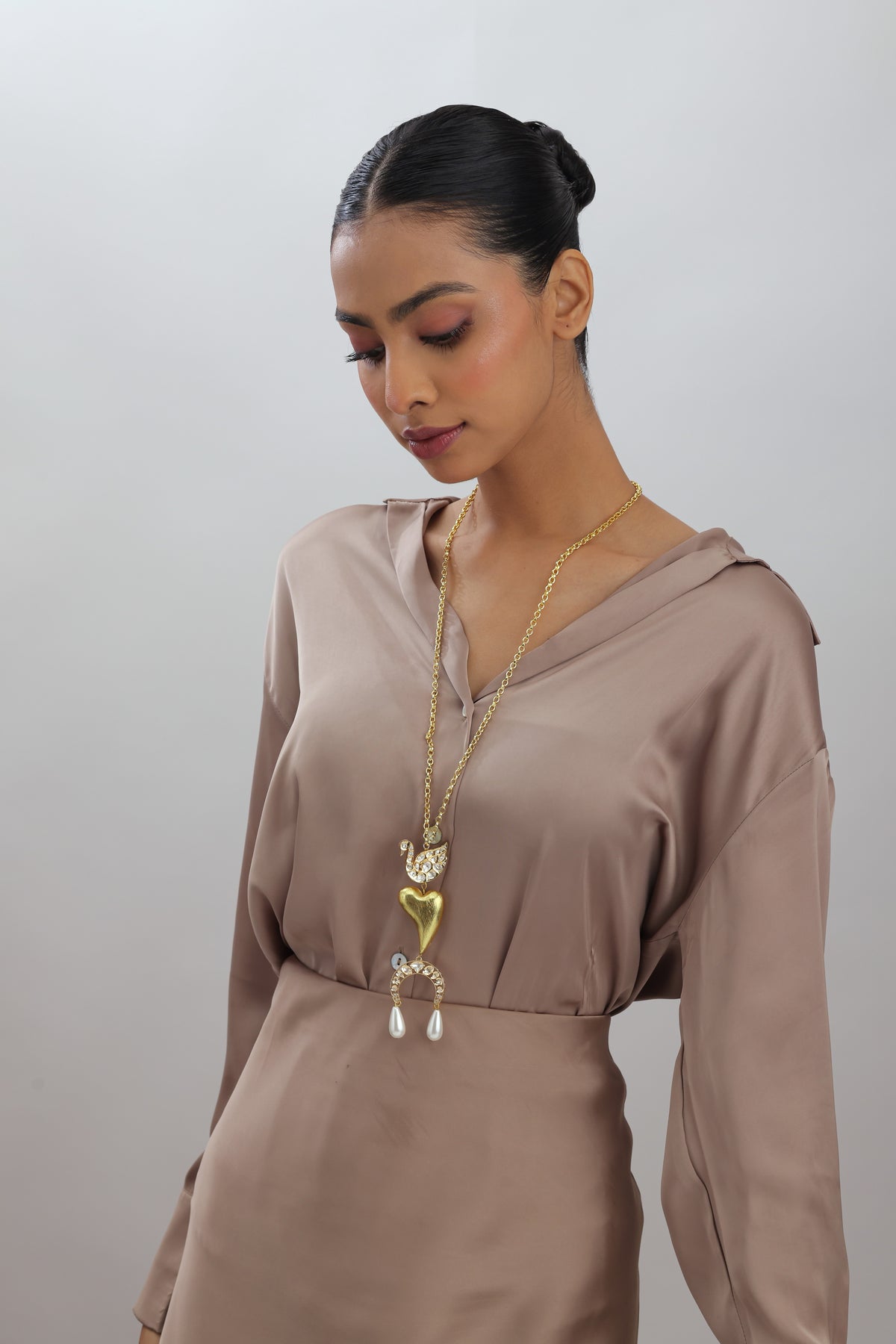 Mayur Polki Kundan Swan Heart Long Pendant Necklace with Glass Pearls