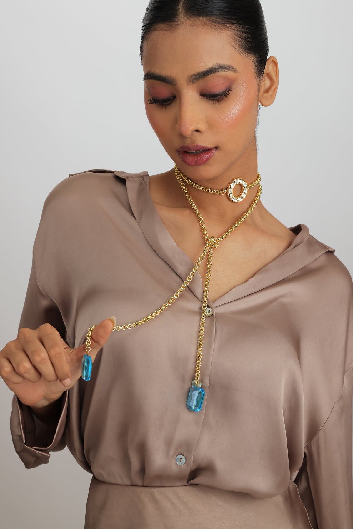 Neelam Crystal Polki Kundan Circle Long Lariat Rope Necklace