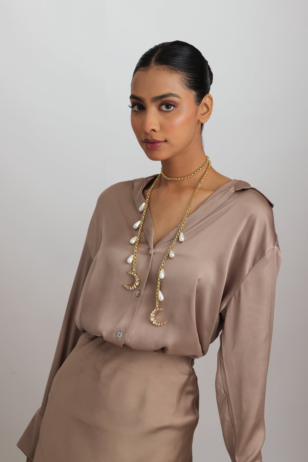 Faiza Polki Kundan Chaand Drop Glass Pearl Lariat Rope Necklace