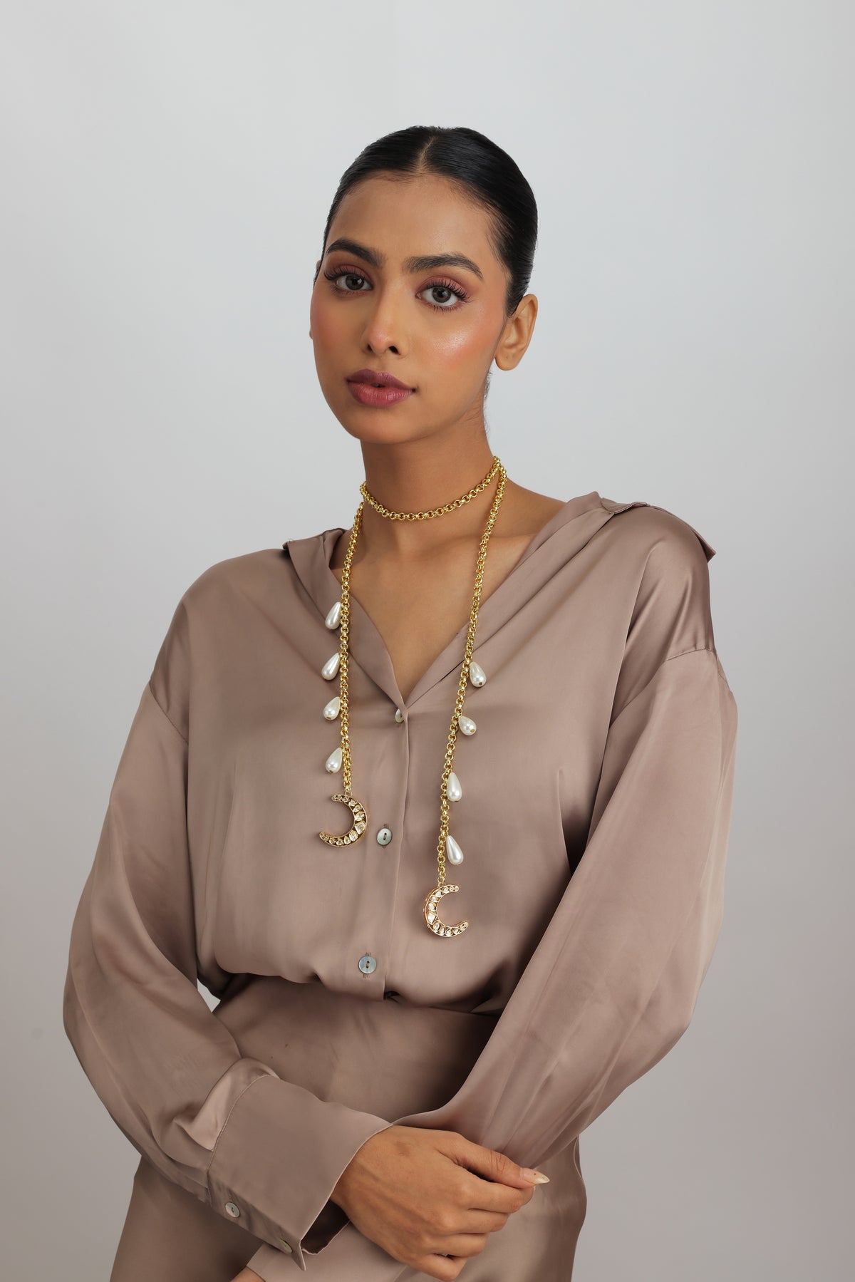 Faiza Polki Kundan Chaand Drop Glass Pearl Lariat Rope Necklace