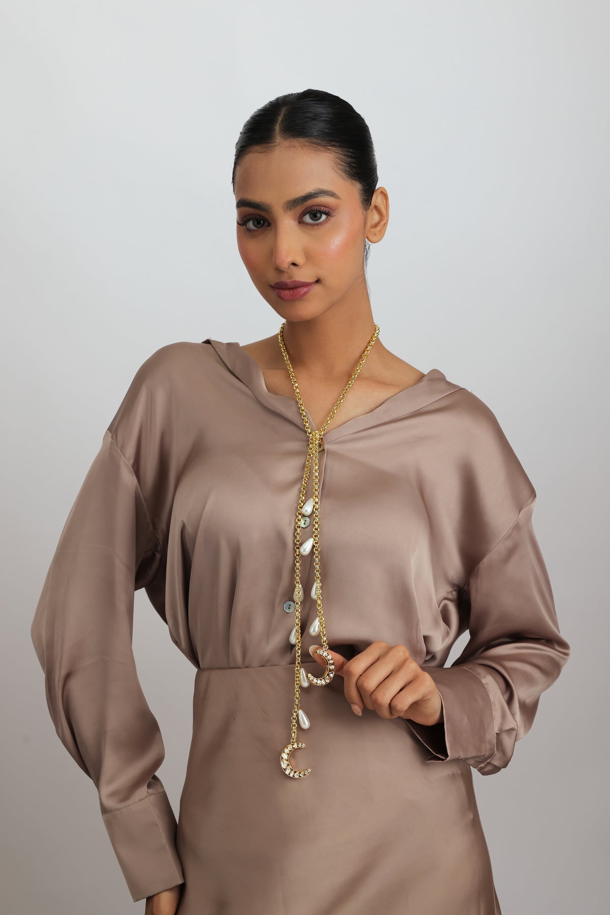 Faiza Polki Kundan Chaand Drop Glass Pearl Lariat Rope Necklace