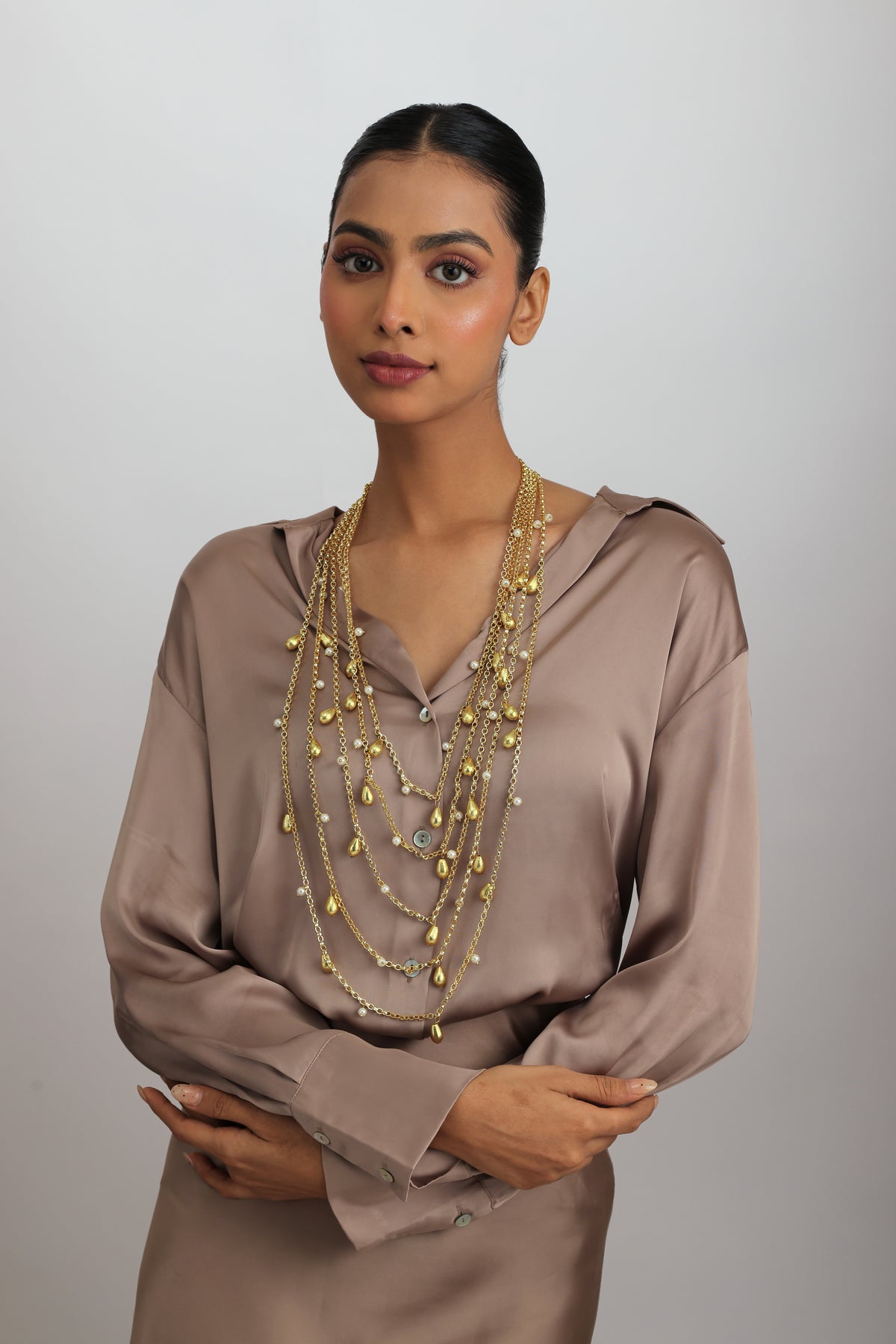 Morla Multi Layered Pearl Gold Beaded Necklace