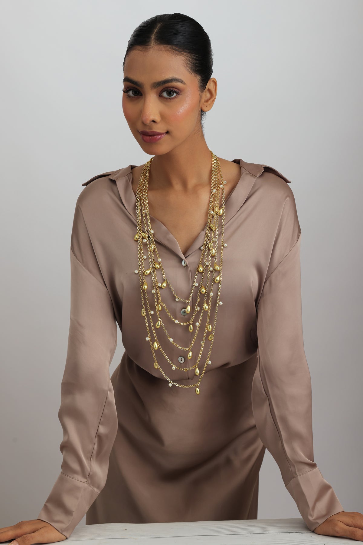 Morla Multi Layered Pearl Gold Beaded Necklace