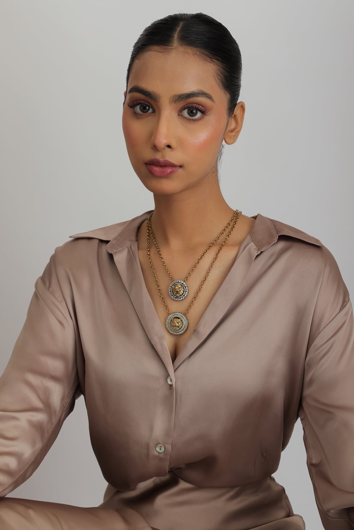 Sim Double Layered Rustic Lion Pendant Necklace