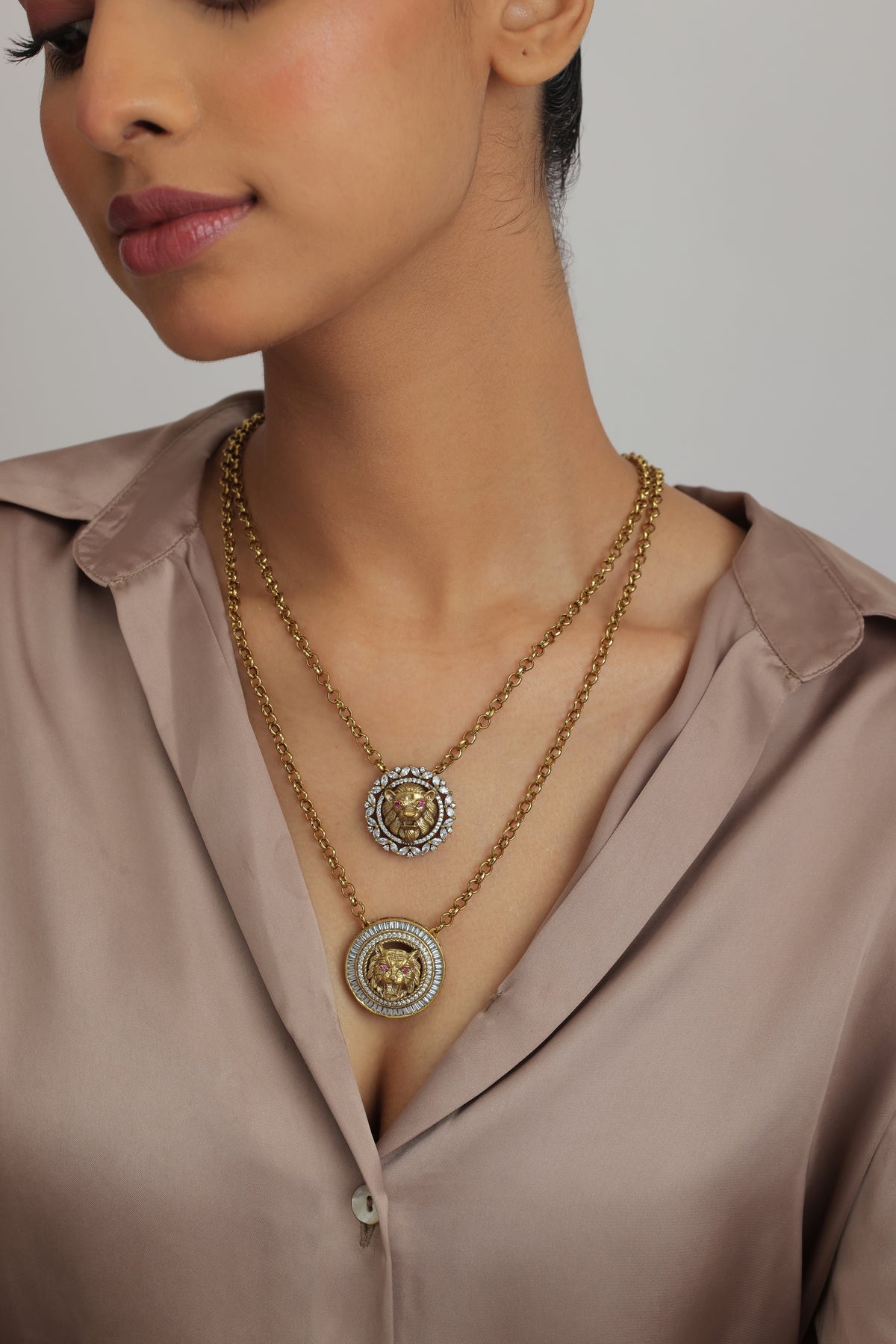 Sim Double Layered Rustic Lion Pendant Necklace