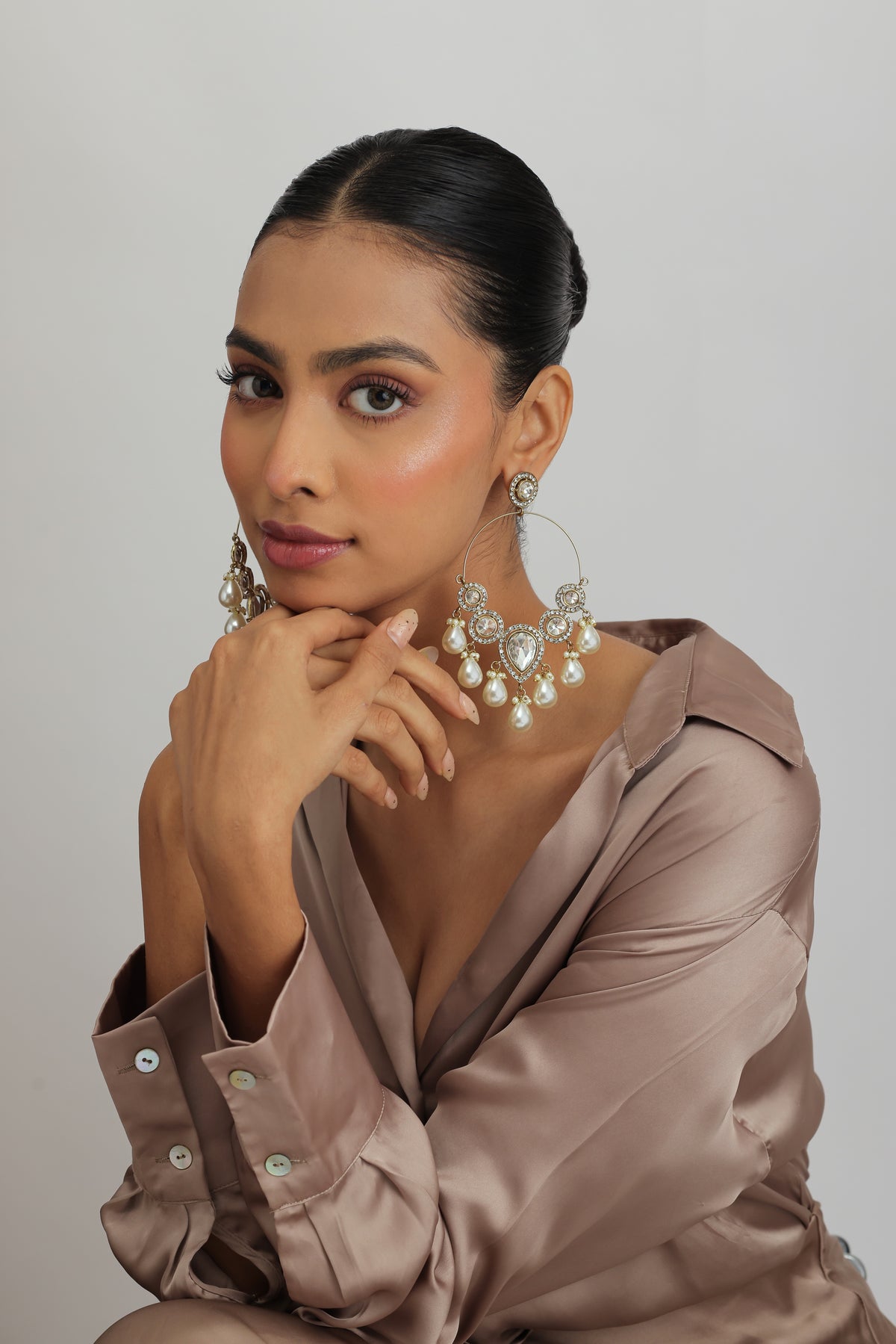 Menka Kundan Studded Pearl Drop Chandbali Earrings