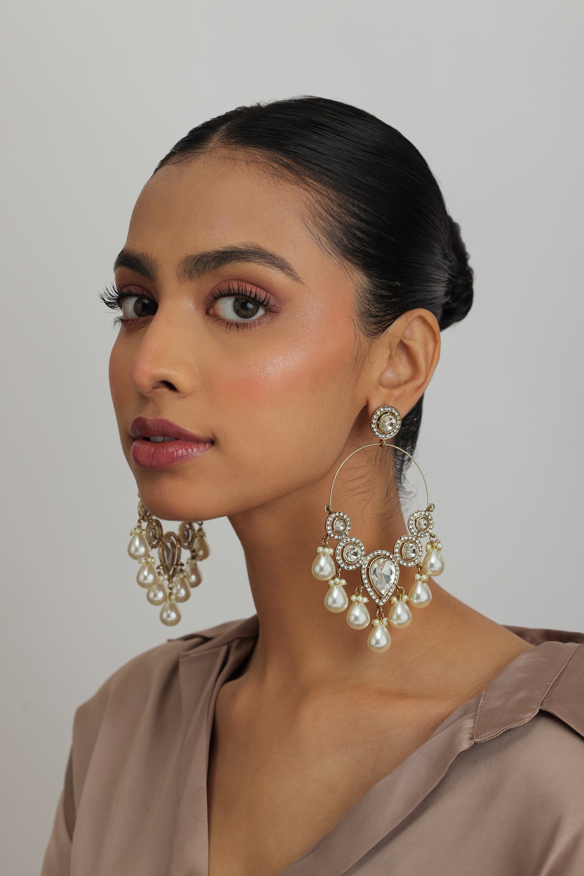 Menka Kundan Studded Pearl Drop Chandbali Earrings
