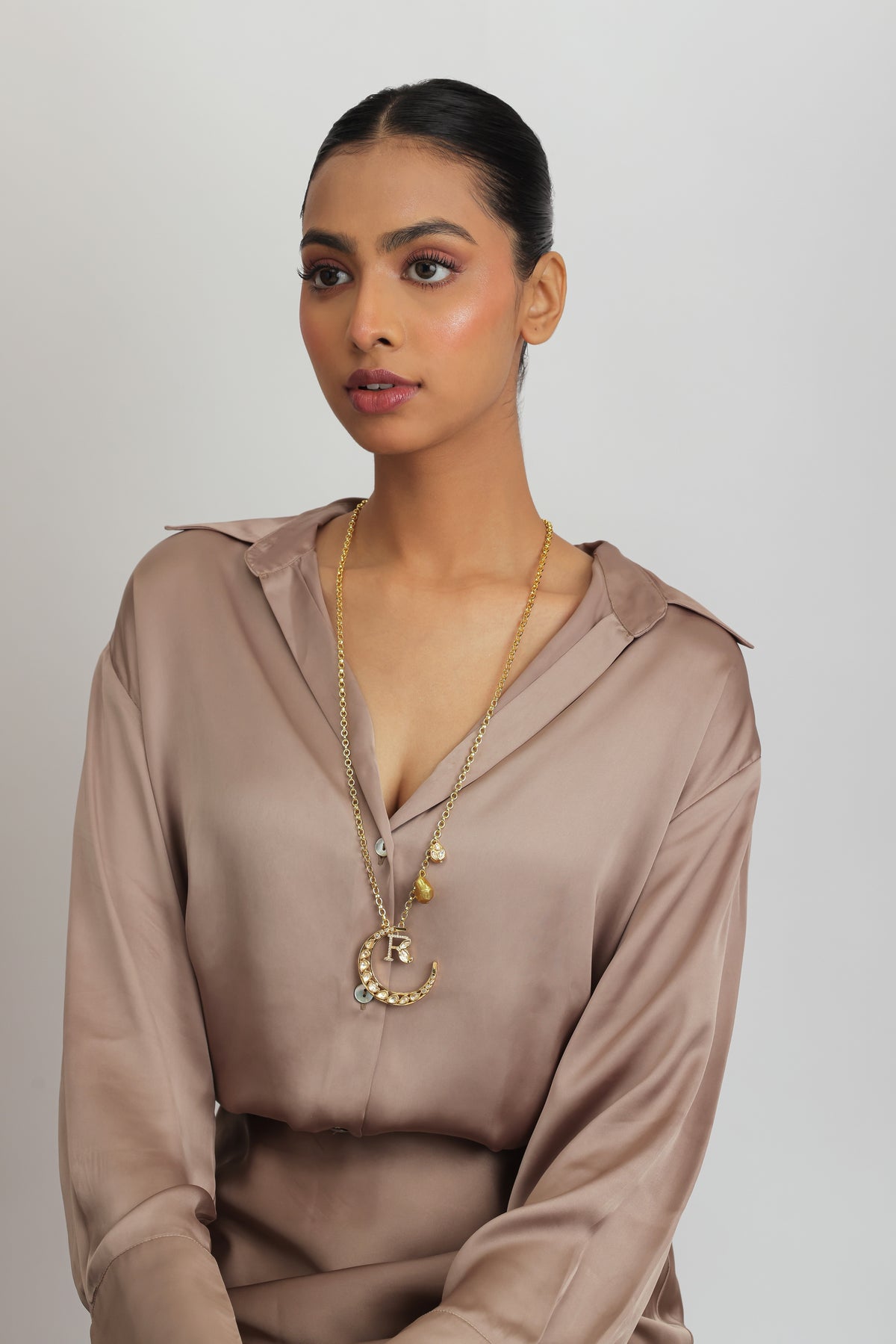 Alphabet Polki Kundan Cresent Moon Long Necklace