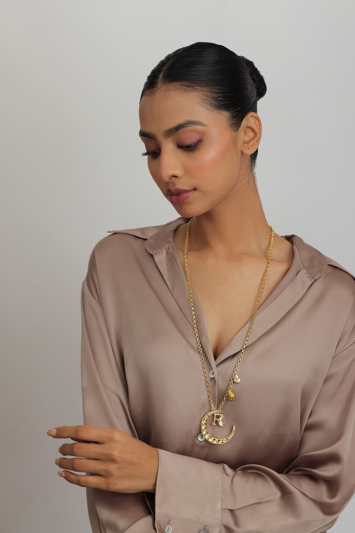Alphabet Polki Kundan Cresent Moon Long Necklace