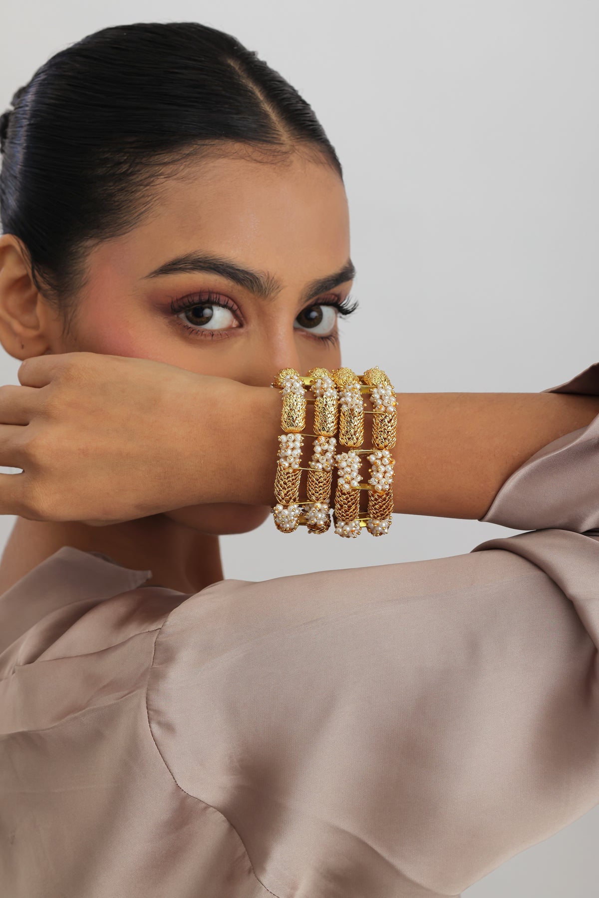 Gul Pearl Cluster Chunky Gold Elasticated Bracelet (Set of 2)