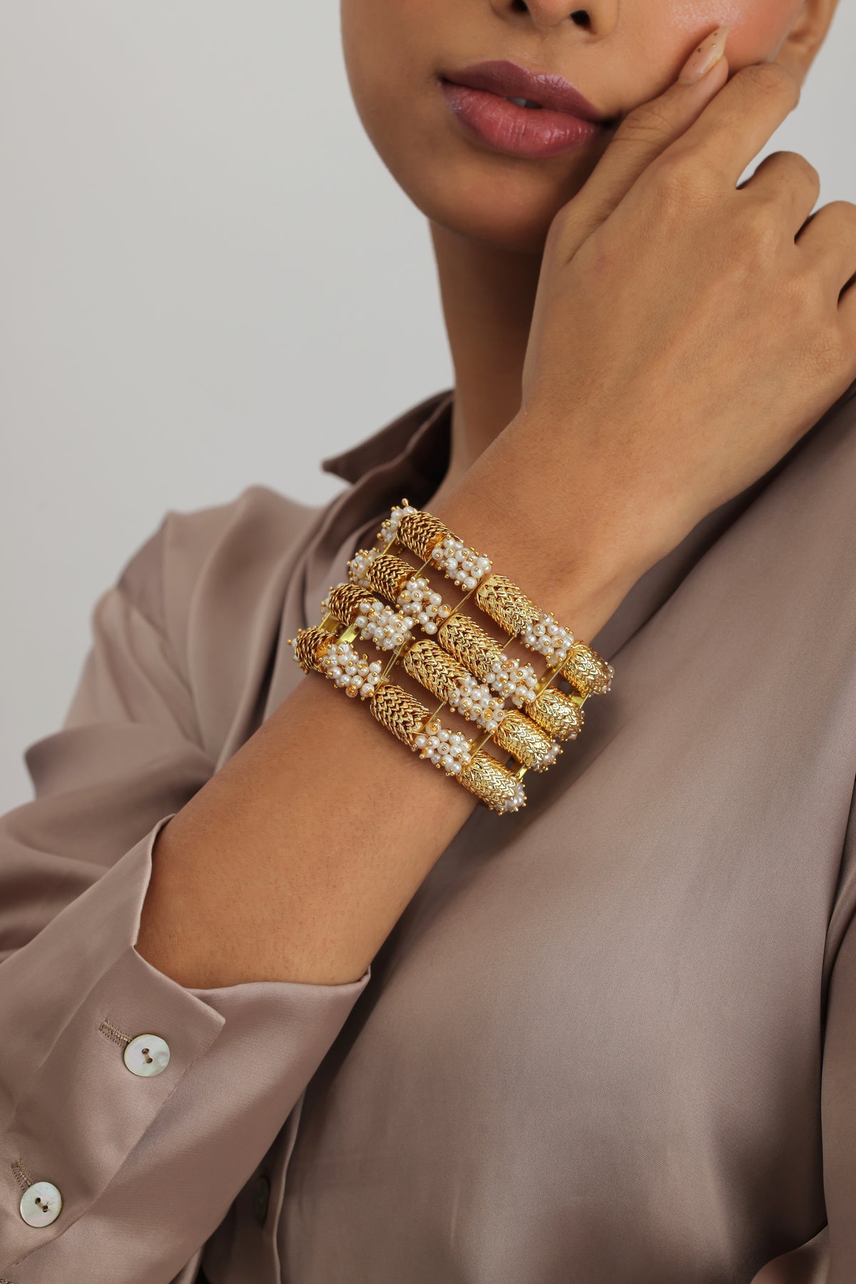 Gul Pearl Cluster Chunky Gold Elasticated Bracelet (Set of 2)