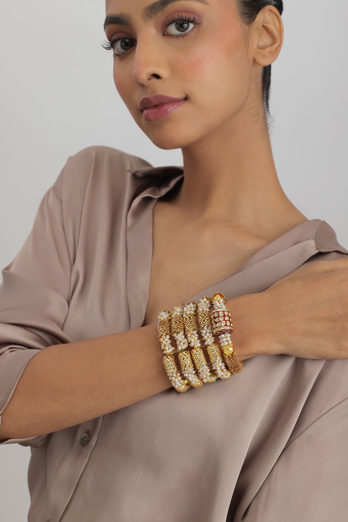 Manik Kundan Gold Beaded Elasticated Bracelet (Set of 3)
