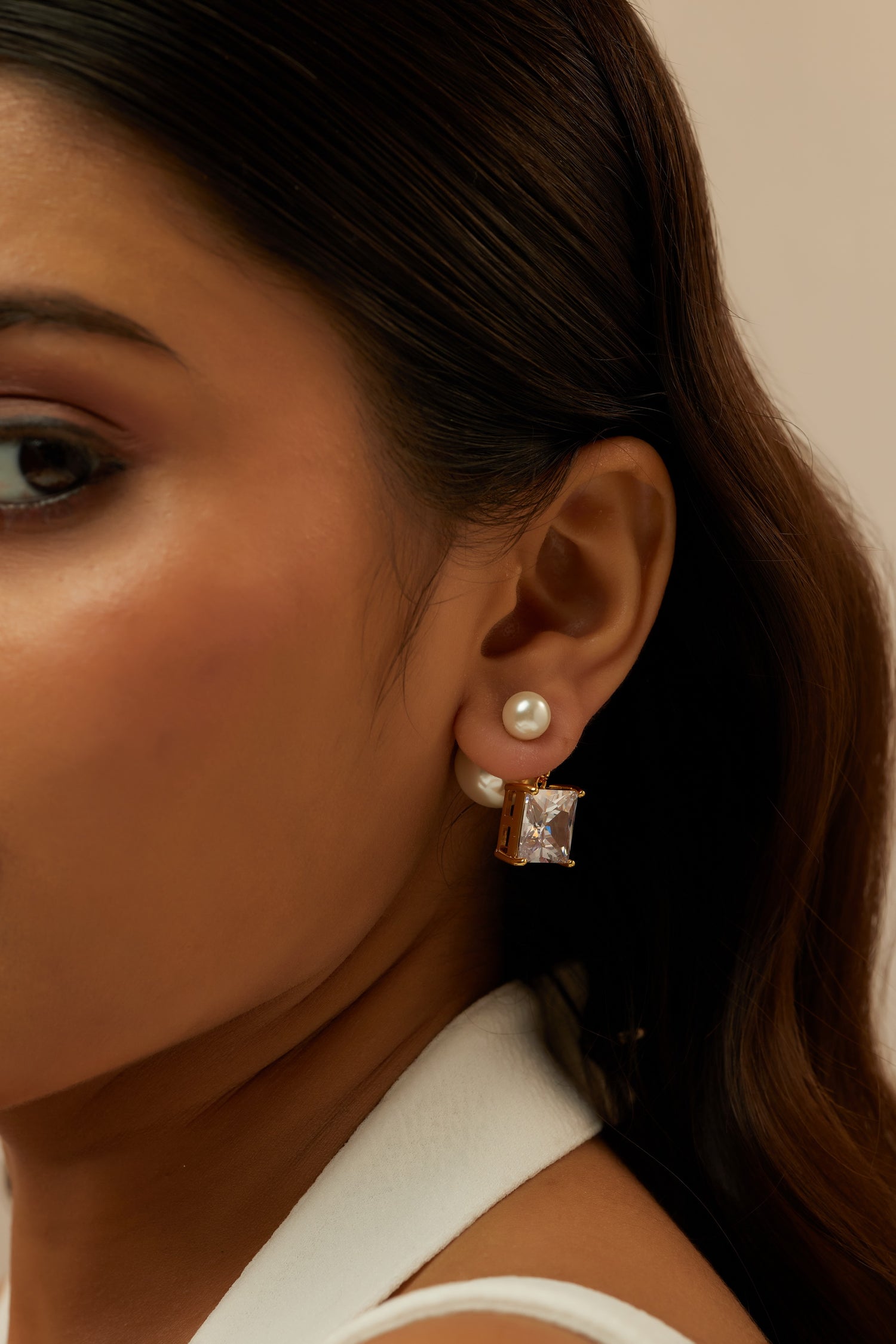 Dual Hanging Stone Pearl Studs