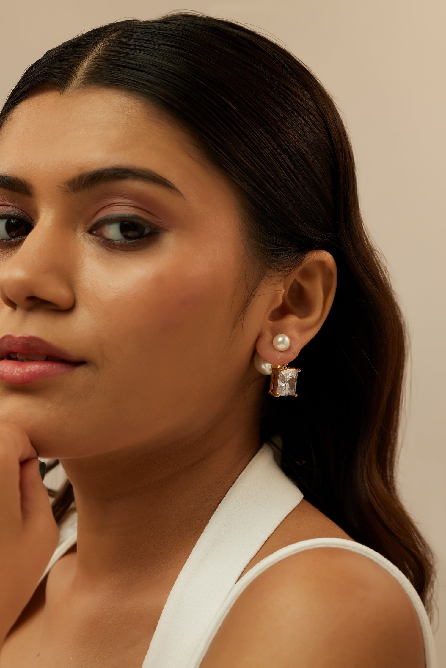 Dual Hanging Stone Pearl Studs