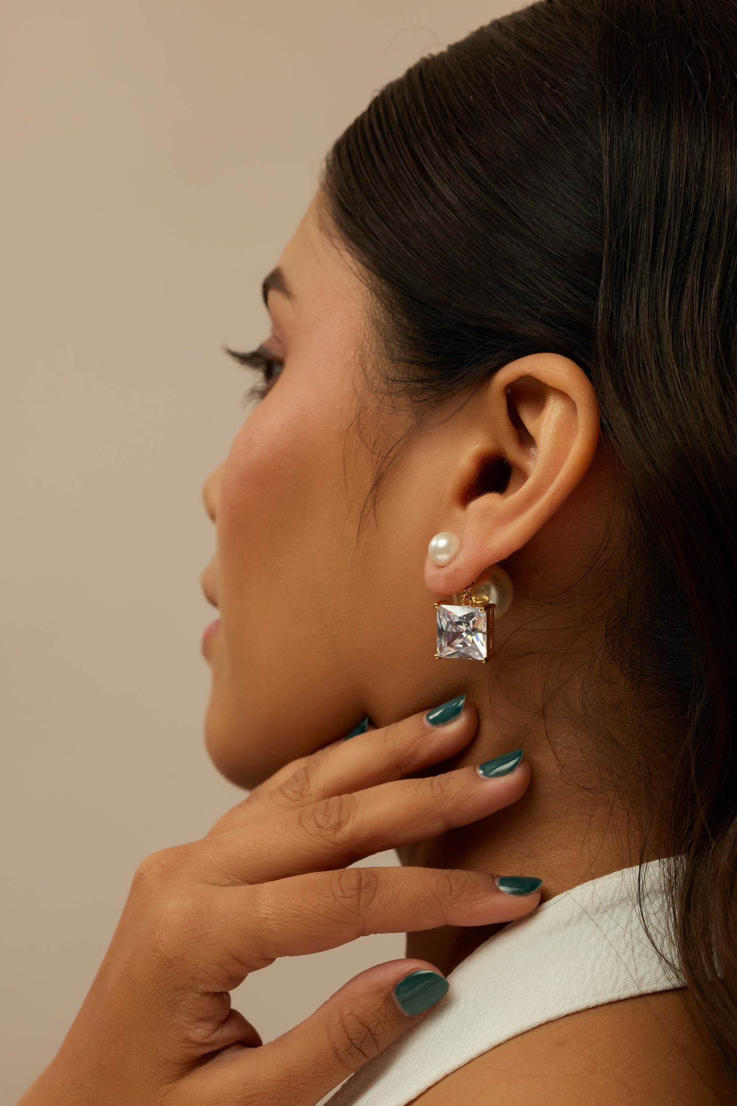 Dual Hanging Stone Pearl Studs