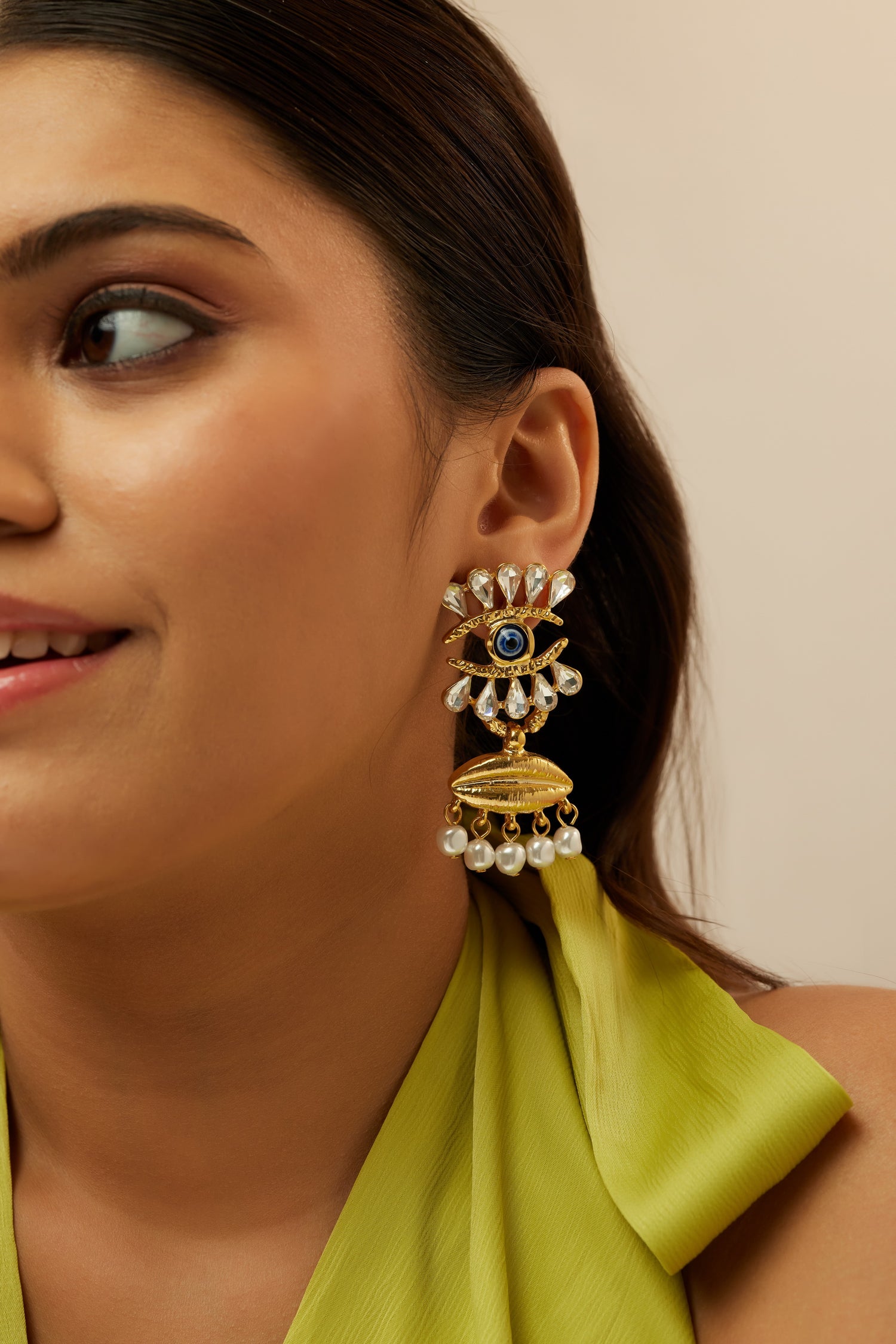 Evil Eye Studded Lips Pearl Earrings